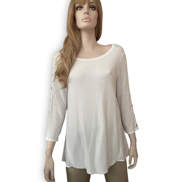 Tribal Sweater Pullover Top Grommets Hi Low Rounded Hemline Cotton Viscose Rayon - Picture 3 of 13